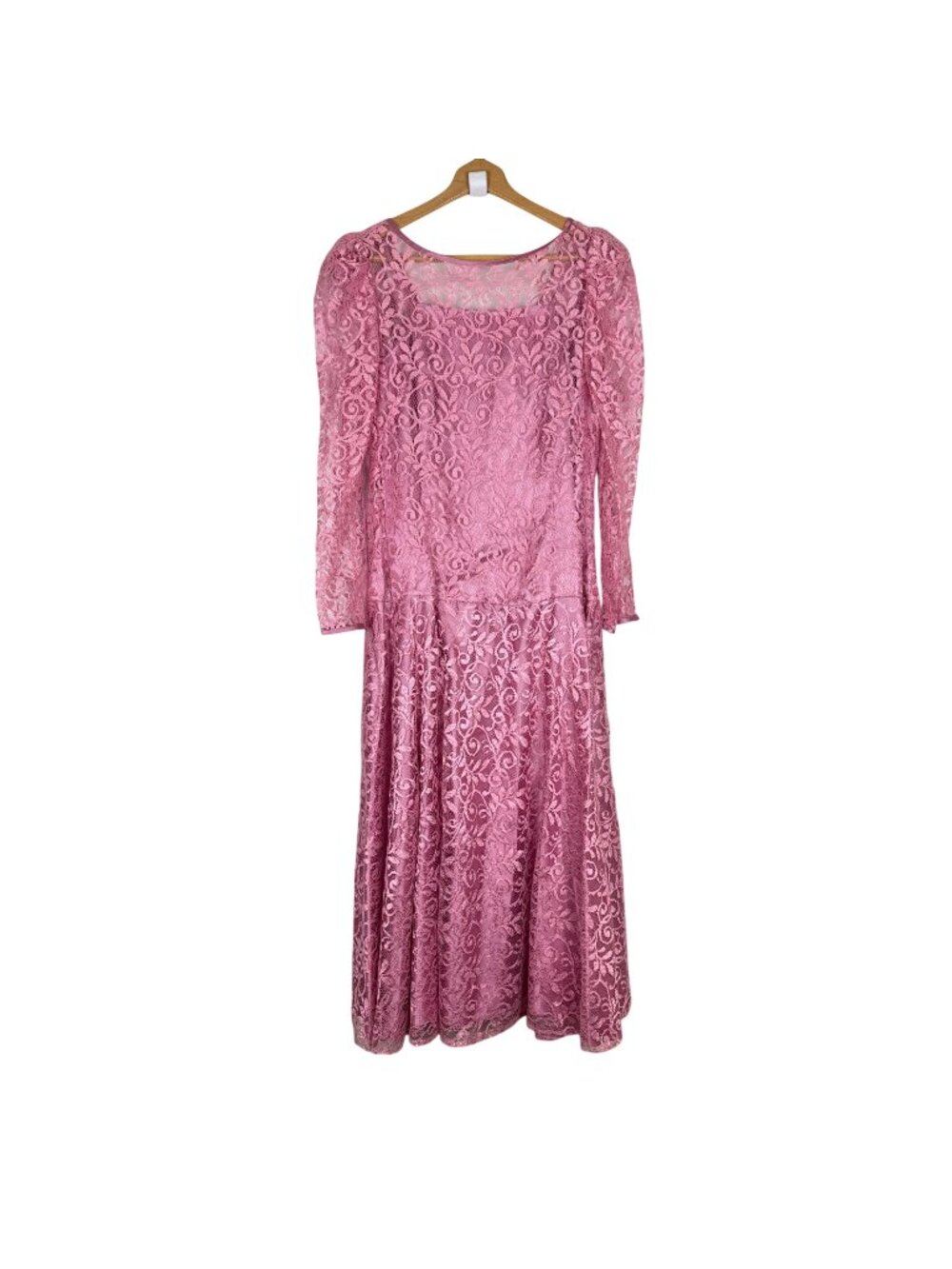 Vtg JCPenney Midi Party Dress 13/14 Rose Pink Lace Long Sleeves Fit & Flare USA